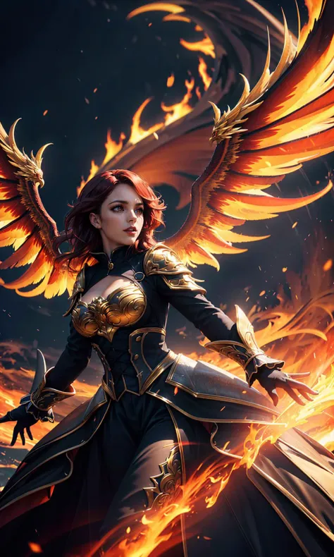 (clothed, masterpiece, wide angle, cinematic establishing shot, young adult european woman, highly detailed background:1.2), volumetric lighting, subsurface scattering, dynamic pose, (special effects, color grading, fantasy aura), (Molten Phoenix:1.4), Rising from ashes, vibrant against dark background, fiery plumage (style of Earl Moran,simple background:1.7),