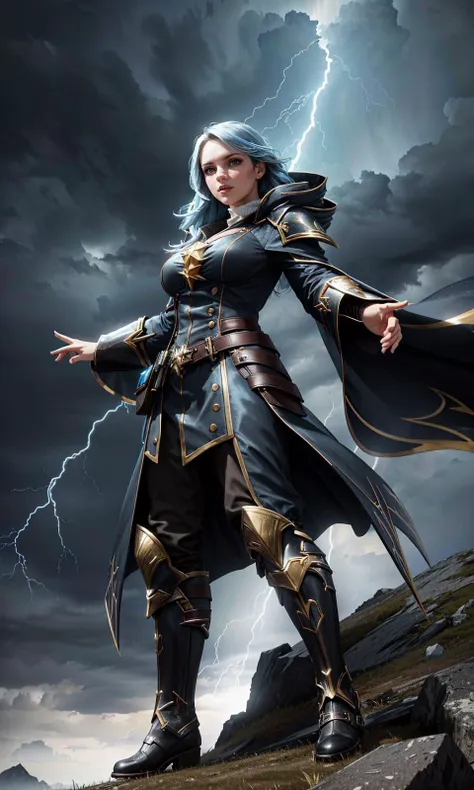 (clothed, masterpiece, wide angle, cinematic establishing shot, young adult european woman, highly detailed background:1.2), volumetric lighting, subsurface scattering, dynamic pose, (special effects, color grading, fantasy aura), (Stormcaller:1.4), (Medium Covered breasts:0.81), Thunderclouds, lightning bolt, tempest robes, commanding presence (style of Earl Moran,simple background:1.7),