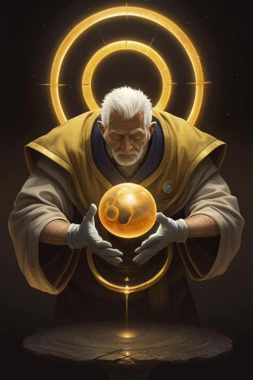 best quality, masterpiece, (1man, old european male:1.2), frail, ruby eyes, white hair, temp fade, (style-swirlmagic:0.8), portrait, looking at viewer, solo, from front, front view, upper body, detailed background, (<lora:ZonaiAIv8:0.6>, ZonaiAI theme:1.1) benign, serene, light fantasy, priest, casting light spell, sunshine, floating pebbles, yellow robe, gloves, magic sphere, divine spell, mana, bright realistic lighting, tranquil field in background, brazier, halo above head,