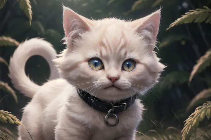 (best quality, masterpiece:1.2), photorealistic, ultra high res, front lighting, intricate detail, Exquisite details and textures, , absurdres, cinematic lighting, dynamic angle, cinematic pose, vibrant colors, (beautifully detailed face),
Fluffy kitten, energetic, playful, bushy tail, pink wispy fur, fangs, detailed collar, lying in tall grass, from below,