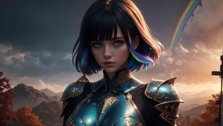 breathtaking beautiful hardcore girl, blue eyes, rainbow-colored Bob with Bangs Hairstyle, wearing worn futuristic armor, medium breasts, dynamic pose, head toward the camera, autumn, (cinematic lighting, volumetric, evening), looking at viewer, facing viewer, trending on artstation, (masterpiece, best quality, hires, 8k, high resolution:1.2), (extremely detailed, realistic, intricate details, highres)