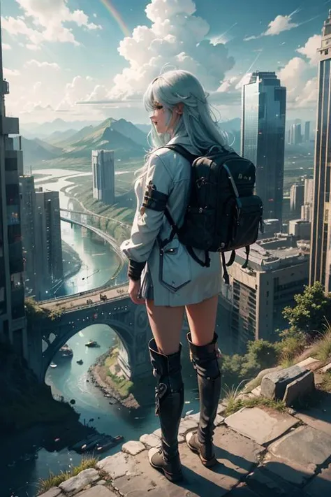 fcPortrait, cityscape, city, cloud, scenery, skyscraper, building, cloudy sky, sky, long hair, from behind, outdoors, bird, ruins, 1girl, sunlight, tower, facing away, city lights, green hair, water, sunbeam, light rays, bridge, post apocalypse, tree, backpack, very long hair, lens flare, knee boots, mountain, river, waterfall, white hair, solo, weapon, skyline, rainbow, neon trim