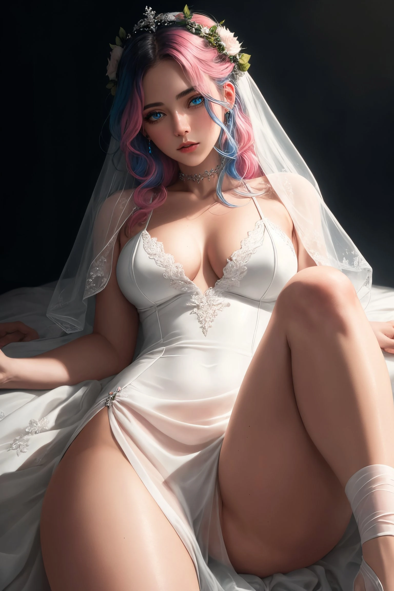 RAW photo, subject, (high detailed skin:1.2), 8k uhd, dslr, soft lighting, high quality, film grain, Fujifilm XT3, absurdres, (detailed eyes:1.3), (beautiful detailed eyes), (beautifully detailed face), (detailed skin:1),
cinematic lighting, dynamic angle, cinematic pose,
sheer white flowing gown, pale skin, smooth thighs, wispy black hair, pink hair, blue hair, colorful hair, lying,