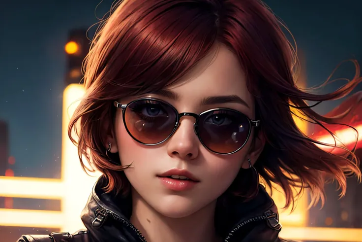 (best quality, masterpiece:1.2), photorealistic, ultra high res, (detailed skin:1), (beautifully detailed face)
energetic girl with wind-blown short hair, neon lights, sunglasses, dark club, red hair, streaks, multicolored hair, reflective, peeking,
