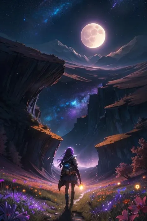 expansive landscape photograph , (a view from below that shows sky above and open field below), a girl standing on flower field looking up to the moon, (full moon:1.2), ( shooting stars:0.9), (nebula:1.3), distant mountain, tree BREAK production art, (warm light source:1.2), (Firefly:1.2), lamp, lot of purple and orange, intricate details, volumetric lighting BREAK (masterpiece:1.2), (best quality), 4k, ultra-detailed, (dynamic composition:1.4), highly detailed, colorful details,( iridescent colors:1.2), (glowing lighting, atmospheric lighting), dreamy, magical, (solo:1.2)