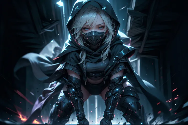 (best quality, masterpiece:1.2), ultra high res, front lighting, intricate detail, Exquisite details and textures, (beautiful detailed eyes), (beautifully detailed face:1.2), (detailed skin:1), absurdres, cinematic lighting, dynamic angle, dynamic pose,
ninja, reflective, energetic, smooth thighs, petite, pale skin, small breasts, sweaty, (action pose:1.3), mask, dagger, (motion:1.3), hooded cape, windy, provocative,
<lora:style:1>