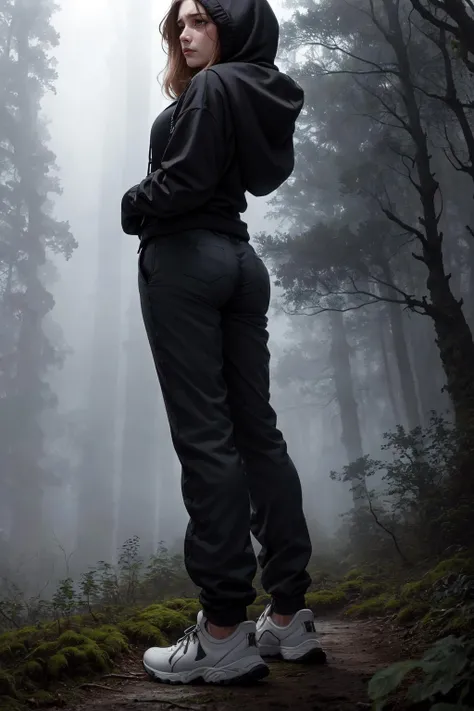 Ultra-realistic 8k CG, masterpiece, best quality, (photorealistic:1.4), absurdres, extremely detailed, real hair, 
((gloomy forest scenery, heavy fog, night, stormy:1.3)),
girl wearing black hoody and white jogging pants in the forest, from behind, over shoulder, low angle, ass focus,