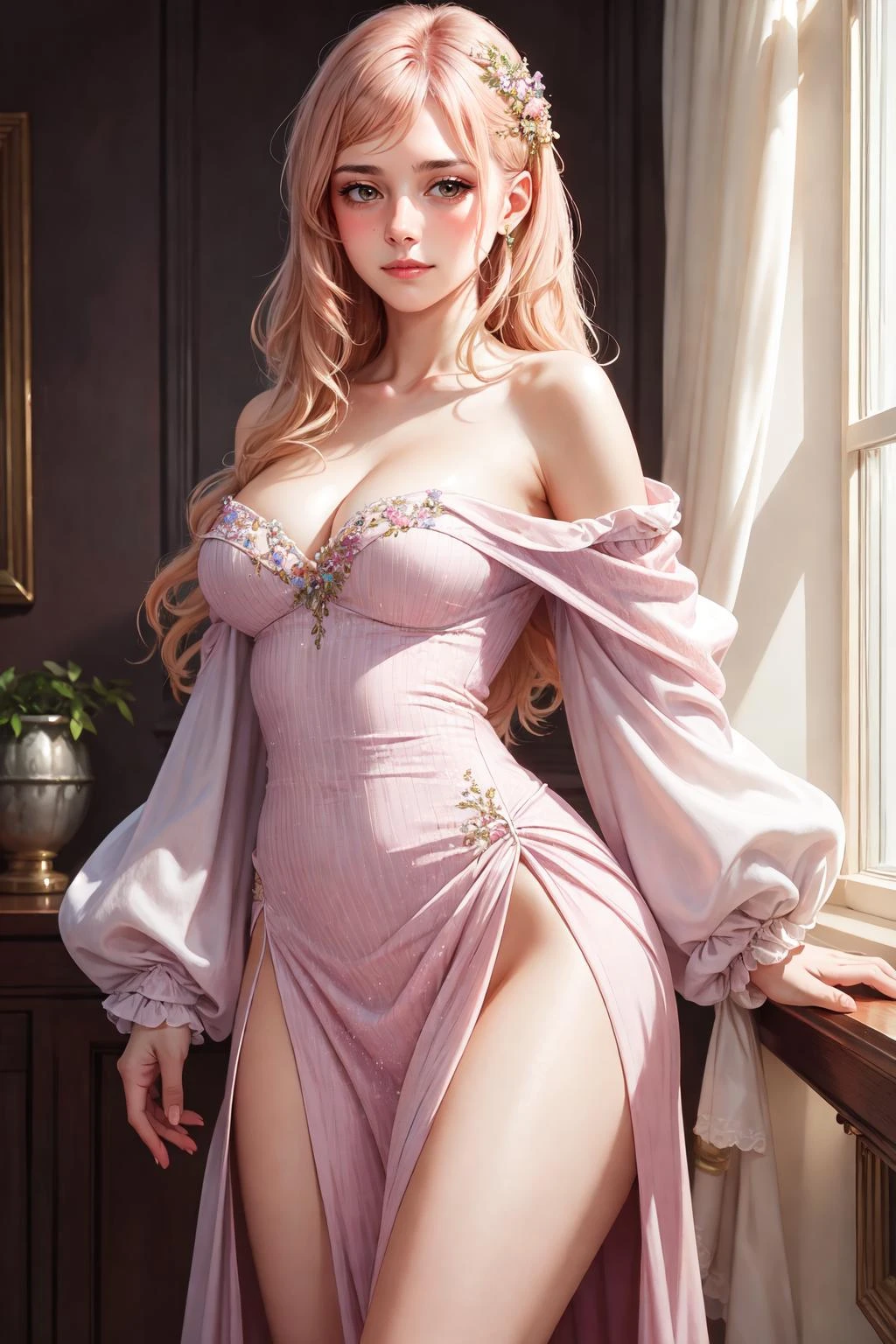 Ultra-realistic 8k CG, masterpiece, best quality, (photorealistic:1.4), absurdres, extremely detailed, real hair,
soft colors, pastel,
beautiful girl wearing flowing dress, hips exposed, off shoulder,