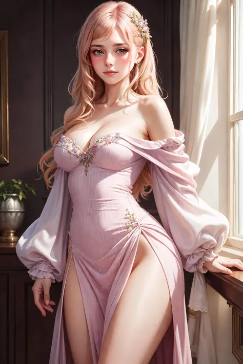 Ultra-realistic 8k CG, masterpiece, best quality, (photorealistic:1.4), absurdres, extremely detailed, real hair, 
soft colors, pastel,
beautiful girl wearing flowing dress, hips exposed, off shoulder,