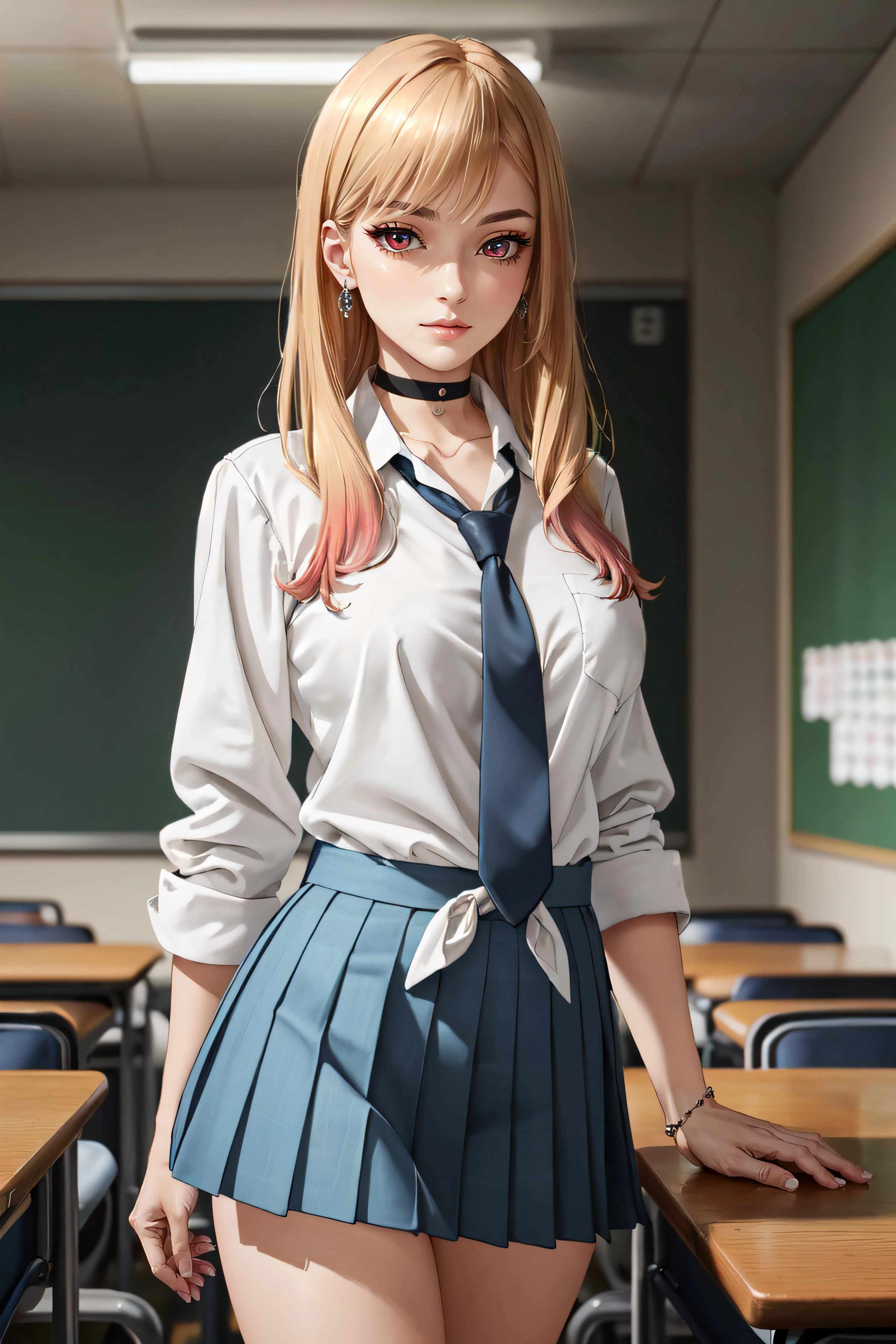 (masterpiece, best quality, ultra detailed, absurdres)1.5, 1girl, (sexy, beautiful woman, perfect face, perfect eyes, perfect female body, large breasts)1.5, (pikkymarin, kitagawa marin, long hair, multicolored hair, gradient hair, blonde hair, pink hair, bangs, ear piercing, school uniform, necktie, black choker, jewelry, earrings, white shirt, collared shirt, pleated skirt, blue skirt, black socks, loafers, <lora:Marin:0.7>), (standing, indoors, Japanese classroom), perfect lighting, smooth, hdr