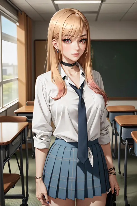 (masterpiece, best quality, ultra detailed, absurdres)1.5, 1girl, (sexy, beautiful woman, perfect face, perfect eyes, perfect female body, large breasts)1.5, (pikkymarin, kitagawa marin, long hair, multicolored hair, gradient hair, blonde hair, pink hair, bangs, ear piercing, school uniform, necktie, black choker, jewelry, earrings, white shirt, collared shirt, pleated skirt, blue skirt, black socks, loafers, <lora:Marin:0.7>), (standing, indoors, Japanese classroom), perfect lighting, smooth, hdr