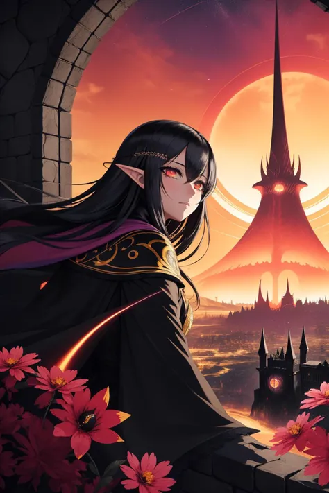 1girl, colorful Color splash, Golden ratio, landscape of a glamourous Anime ([Mesa Verde National Park:The Black Fortress of Sauron:1]:1.3) from inside of a Skyscraper, New Wave dungeon and Canis Major constellation in background, at Sunset, Simple and clean, Tranquil, Anime, Bloom light, F/5, Offset print, Batik, dripping with Crimson, High quality, contest winner