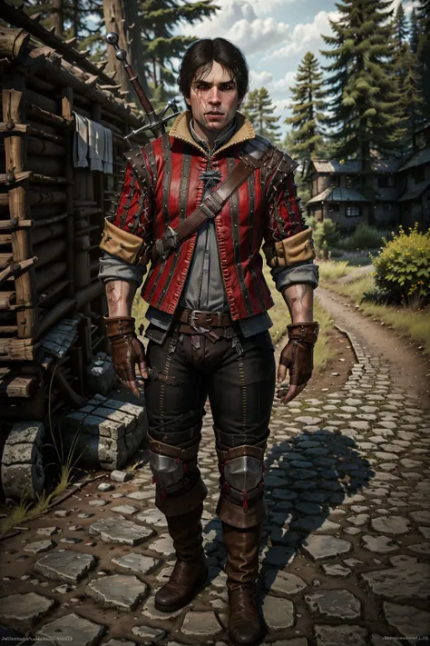 (masterpiece, top quality, best quality, official art, detailed:1.2), <lora:eskel:0.7>, eskelW3_soul3142, solo, black hair, gloves, 1boy, jacket, weapon, male focus, boots, outdoors, sword, fingerless gloves, scar, scar on face, tree, realistic, weapon on back