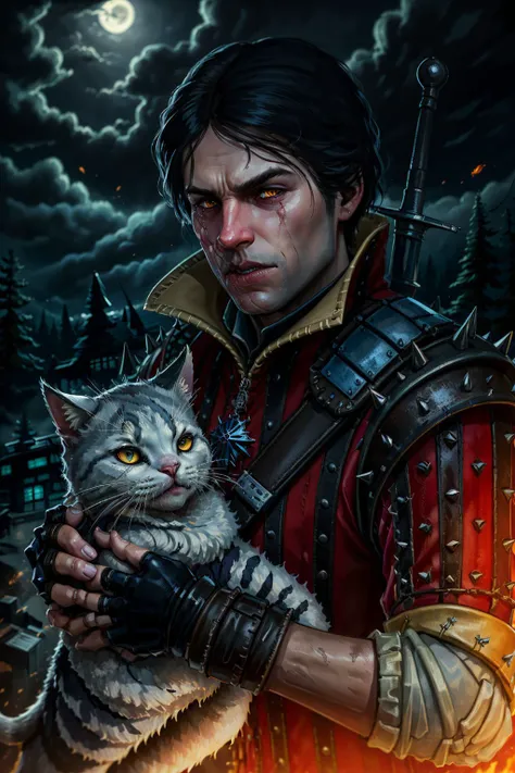(masterpiece, top quality, best quality, official art, detailed:1.2), <lora:eskel:0.7>, eskelW3_soul3142, yellow eyes, black hair, gloves, 1boy, weapon, male focus, sword, fingerless gloves, armor, blood, night, animal, scar, cat, spikes, colored sclera, weapon on back