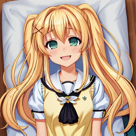 floating hair, hair spread out, puffy short sleeves, green eyes, tsumugi wenders, blush, school uniform, puffy sleeves, yellow sweater vest, 1girl, x hair ornament, colored eyelashes, hair ornament, very long hair, looking at viewer, short sleeves, from above, black ascot, sailor collar, smile, hair intakes, hands up, w arms, blonde hair, upper body, lying, white sailor collar, twintails, sidelocks, hair between eyes, on back, long hair, solo, water, sweater vest, ascot, open mouth,  <lora:tsumugi:0.8>