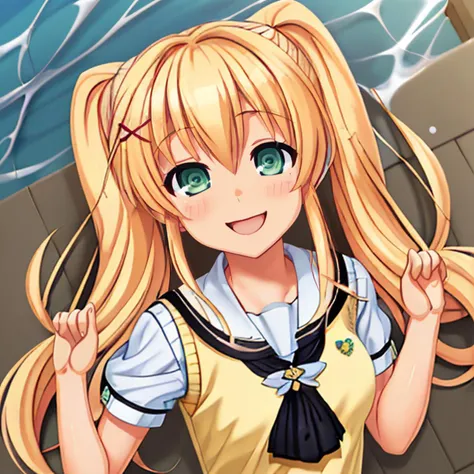 floating hair, hair spread out, puffy short sleeves, green eyes, tsumugi wenders, blush, school uniform, puffy sleeves, yellow sweater vest, 1girl, x hair ornament, colored eyelashes, hair ornament, very long hair, looking at viewer, short sleeves, from above, black ascot, sailor collar, smile, hair intakes, hands up, w arms, blonde hair, upper body, lying, white sailor collar, twintails, sidelocks, hair between eyes, on back, long hair, solo, water, sweater vest, ascot, open mouth,  <lora:tsumugi:0.8>