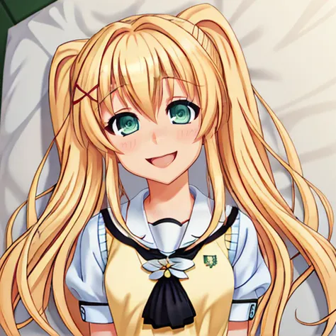 floating hair, hair spread out, puffy short sleeves, green eyes, tsumugi wenders, blush, school uniform, puffy sleeves, yellow sweater vest, 1girl, x hair ornament, colored eyelashes, hair ornament, very long hair, looking at viewer, short sleeves, from above, black ascot, sailor collar, smile, hair intakes, hands up, w arms, blonde hair, upper body, lying, white sailor collar, twintails, sidelocks, hair between eyes, on back, long hair, solo, water, sweater vest, ascot, open mouth,  <lora:tsumugi:0.8>