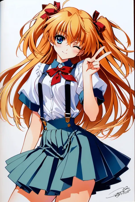 1girl,souryuu asuka langley,solo,long hair,school uniform,blue eyes,smile,white background,ribbon,shirt,simple background,v,one eye closed,orange hair,short sleeves,skirt,red ribbon,neck ribbon,white shirt,bangs,hair between eyes,looking at viewer,tokyo-3 middle school uniform,signature,closed mouth,two side up,hair ornament,suspender skirt,interface headset,suspenders,traditional media,cowboy shot,blue skirt,<lora:Carnelian_XL:0.8>,