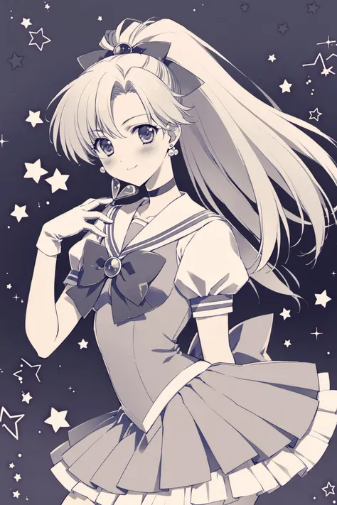 1girl,solo,sailor senshi uniform,magical girl,ponytail,monochrome,long hair,smile,choker,kino makoto,bow,jewelry,earrings,star (symbol),sailor collar,tiara,skirt,blush,gloves,sailor jupiter,blue theme,hair ornament,back bow,<lora:Carnelian_XL:0.8>,