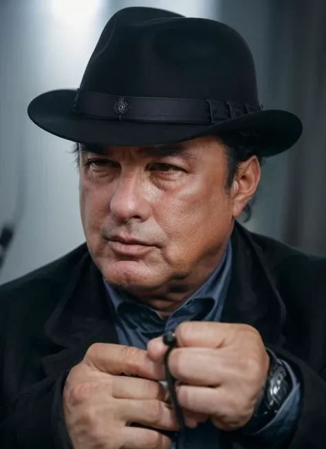 portrait of ss1, man in Fedora Hat, Trench Coat, Detective Badge, Revolver, Notepad and Pencil epic (photo, studio lighting, hard light, sony a7, 50 mm, matte skin, pores, colors, hyperdetailed, hyperrealistic), <lora:StevenSeagal:1>