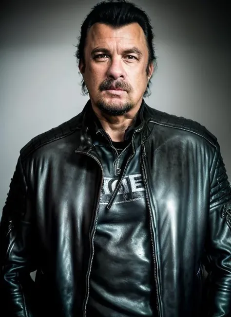portrait of ss1, man in Rocker Chic: Leather Jacket, Distressed Jeans, Band T-Shirt, Combat Boots, Messy Hair epic (photo, studio lighting, hard light, sony a7, 50 mm, matte skin, pores, colors, hyperdetailed, hyperrealistic), <lora:StevenSeagal:1>