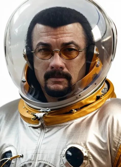 ss1 , headshot, man, solo, goatee, glasses, man in ((retro astronaut suit with bubble helmet)), full body, full body shot, white background, no background, PNG, natural lighting, no shadows, ultra detailed, hyperrealistic, 80mm, 4k, 8k, 8k realistic, sharp focus, intricate, high resolution <lora:StevenSeagal-10:1>