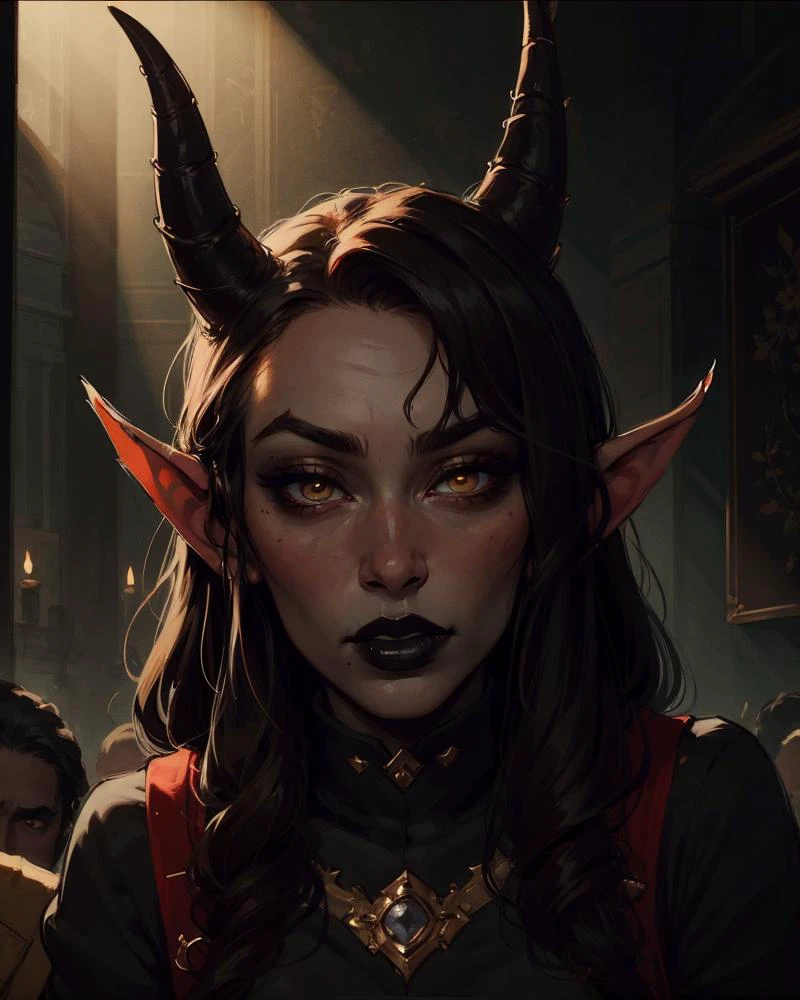 (ultra detailed, masterpiece, best quality, highly detailed, volumetric lighting), 1girl, solo, solo focus, eye contact, looking at viewer, source_anime, naughty traditional art, lineart, tiefling, black sclera, dark hair, sharp horns, rating_questionable, black lipstick, eyeshadow, patite <lora:InCase-LyCoris-V4:0.8>