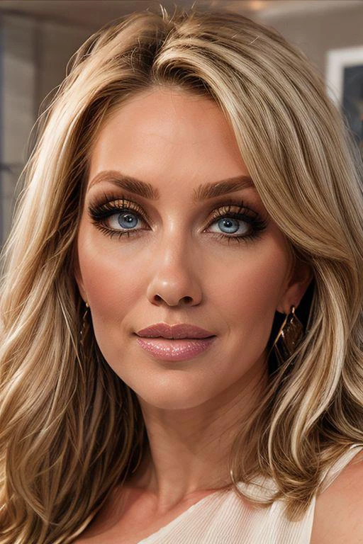 1 girl 35 years old, mature female, milf, blonde hair, long hair, straight hair, blue eyes, black eyebrows, big breast, amazing pert butt, amazing thighs, make up, round earrings, Portrait, close up, milfy_mindy, hotmama, looking at the view, detail face, head turned, white dress decollete, neutral background, stands, luxury woman