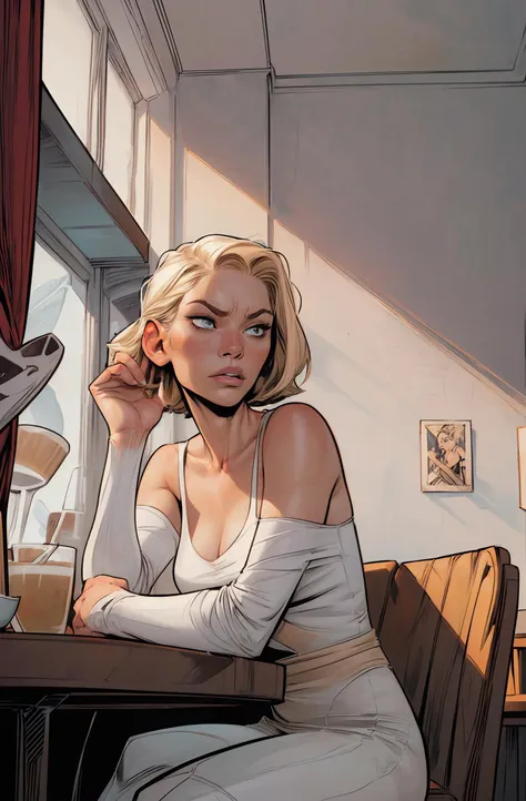 (graphic novel illustration, comics style,:1.4)
(eye-level shot,
woman, sitting in cafe,
seductive looks,
short blonde hair, white open light top,:1.3)
(masterpiece, best quality, ultra detailed, highres, 4K, 8K,
sharp lines, vivid colors, smooth shading,:1.3)
<lora:InCase-LyCoris-V4:1>, <lora:detail tweaker 90 CA 15:1>,