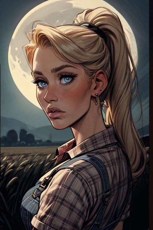 1girl, mature woman, blonde hair, ponytail,hair band, blue eyes, small perfect round breast, amazing pert butt, long hair, a closer view, detailed face, fFaceDetail, , graphic novel illustration, comics style, retro setting, sixties, noir style, earrings, necklace, farmer woman, at farm, overalls, red checked shirt with rolled up sleeves, gloomy face, close up, front view, looking at the view, Portrait, night time, moon