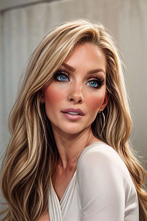 1 girl 35 years old, mature female, milf, blonde hair, long hair, straight hair, blue eyes, black eyebrows, big breast, amazing pert butt, amazing thighs, make up, round earrings, Portrait, close up, milfy_mindy, hotmama, looking at the view, detail face, head turned, white dress decollete