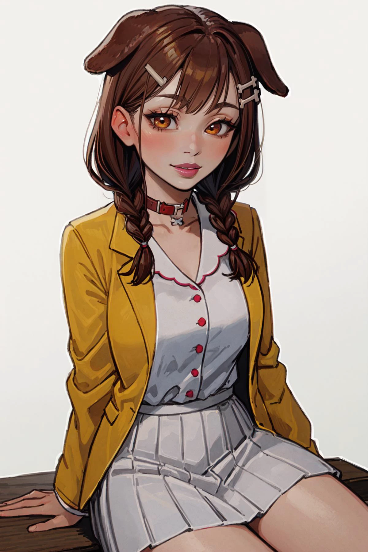 (1girl, one girl), (solo:1.3), (brown_hair:1.3), (inugami_korono:1.3), (twin_braids:1.2), (brown_eyes:1.3), (red collar:1.1), (thick_lips:1.3), (light_smile:1.1), (happy:1.3), BREAK
(sitting:1.3), thick_thighs, medium_breasts, (dog_ears:1.1), BREAK
(yellow jacket, white skirt, white dress, hairclip:1.1), BREAK
(white_background, simple_background:1.3), BREAK
best quality, masterpiece, detailed background, highly detailed, intricate, detailed face, long eyelashes, detailed eyes, <lora:GoodHands-vanilla:1> <lora:InCase-LyCoris-V4:1>