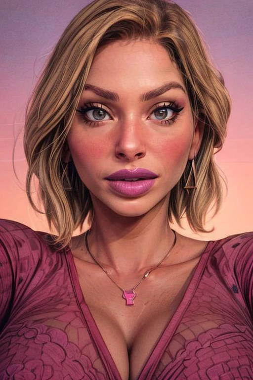 d4n13l4l1m4, blonde hair, detailed face smiling, bra, sagging breasts, gigantic breasts, silicone breast, big lips, fleshy lips huge lips, enormous lips, injected lips, bimbo lips, purple lips, pink lips, amazing pert butt, amazing thighs, make up, round earrings, necklace, Portrait, close up, looking at the view, detail face, (upper body view, woman), (masterpiece, best quality, highly detailed, highres, 4K, 8K), fFaceDetail, woman, photorealistic, fit, faction luxury woman, busty woman, fix eye, <lora:CelshadedArtStylev2:0.8>, <lora:d4n13l4l1m4:0.8>, <lora:InCase-LyCoris-V4:0.5>, <lora:more_details:1> <lora:biglips-redo_8x4-4x1:0.8>