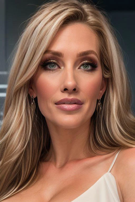 1 girl 35 years old, mature female, milf, blonde hair, long hair, straight hair, blue eyes, black eyebrows, big breast, amazing pert butt, amazing thighs, make up, round earrings, Portrait, close up, milfy_mindy, hotmama, looking at the view, detail face, head turned, white dress decollete, neutral background, stands, luxury woman