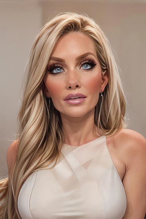 1 girl 35 years old, mature female, milf, blonde hair, long hair, straight hair, blue eyes, black eyebrows, big breast, amazing pert butt, amazing thighs, make up, round earrings, Portrait, close up, milfy_mindy, hotmama, looking at the view, detail face, head turned, white dress decollete, neutral background, stands, luxury woman