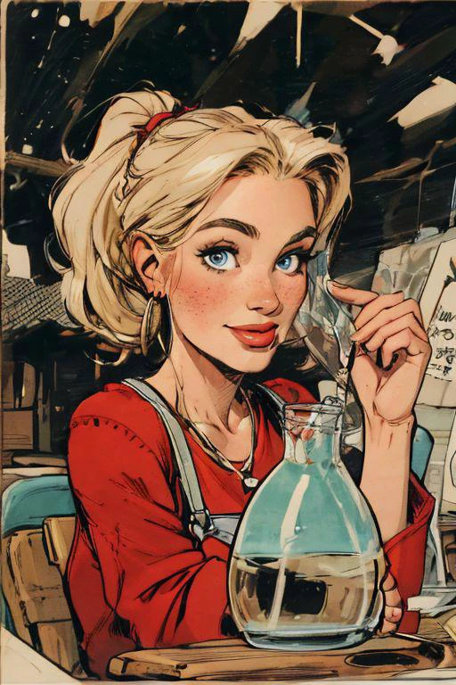 solo, 1girl, mature woman, blonde hair, ponytail,hair band, blue eyes, small perfect round breast, amazing pert butt, long hair, black glasses, wrinkles, freckles, a closer view, detailed face, fFaceDetail, graphic novel illustration, comics style, retro setting, sixties, noir style, earrings, necklace, farmer woman, at farm, overalls, red checked shirt with rolled up sleeves, smile, close up, looking at the view, Portrait, Vintage Style, vintage, tall female, jim lee, sitting on a bench near the house, sun, table, jug of lemonade and glasses of lemonade, close up, front view, looking at the view, Portrait,