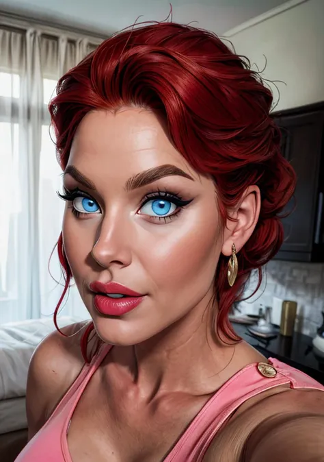 Giganta, red hair, blue eyes, lips, pink dress, giantism,  mature female, Chubby, Plump, (intricate details), perfect eyes, perfect face, perfect lighting, beautiful, (masterpiece:1.2), (best quality:1.2),  (upper body view, woman), (masterpiece, best quality, highly detailed, highres, 4K, 8K), fFaceDetail, woman, chubby, luxury woman, busty woman, woman, photorealistic,<lora:add_detail:1>, <lora:Giganta:0.8>, <lora:InCase-LyCoris-V4:0.5>,<lora:EdobHitodisonCrismeg_v1.0:0.8>