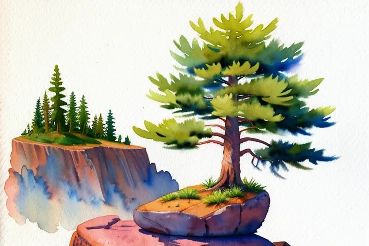 ((masterpiece, official art, watercolor sketch)), ((single lonely old pine)) on the rock in landscape, from distance