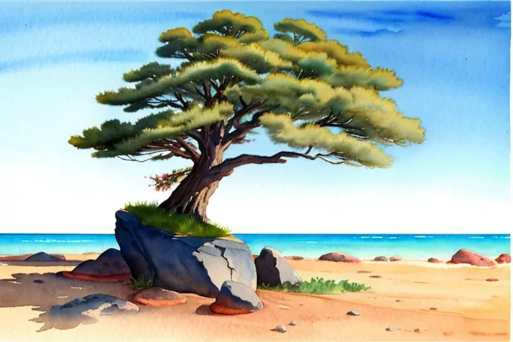 ((masterpiece, official art, watercolor sketch)), ((single lonely old pine)) on the rock in landscape, from distance