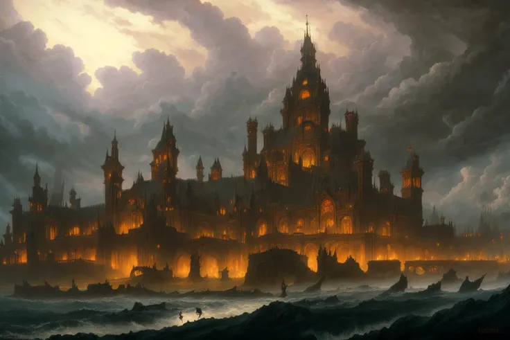 Masterpiece, old school dark fantasy painting of a sprawling gothic city, imposing palace in the distance, dark stormy clouds, by Luis Royo, by Frank Frazetta, by Gerald Brom, grim dark, retro fantasy, uhd, 4k, hdr,