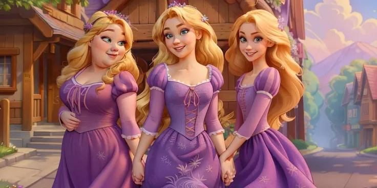 a rapunzelwaifu wearing a purple dress, blonde hair, <lora:Rapunzel_character:0.6>  <lora:weight_slider_v2:1>,   <lora:people_count_slider_v1:3>