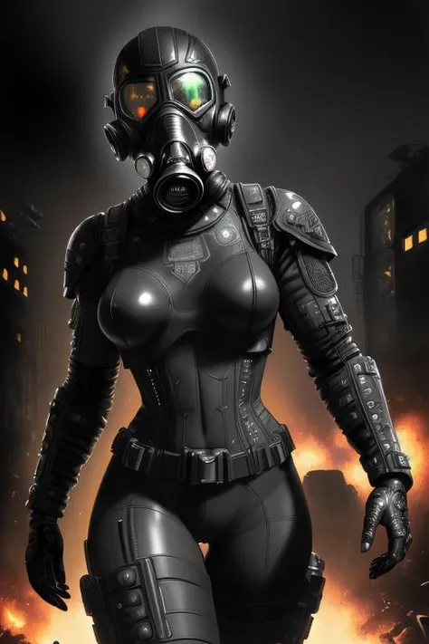 masterpiece photo of ((high detail futuristic shock trooper, muscular frame)) (((flat black with high contrast neon details))), ((((wearing high detail gas mask with black eye lenses)))) intricate high detail, dramatic, very dark lighting, heavy shadows, detailed, ((((intricately detailed full color, war torn dystopian city scene)))) (vibrant, photo realistic, realistic, dramatic, dark, sharp focus) ((film grain, skin details, high detailed skin texture, 8k hdr, dslr)), atompunkstylesd15, style-paintmagic, olfn