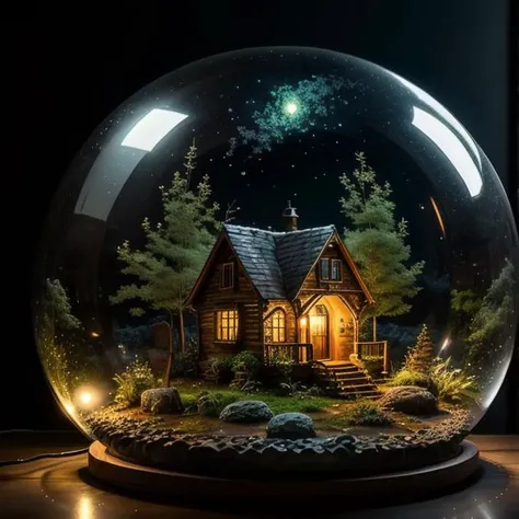 mini house, landscape, old fashion, nature, night light, a bubble, in the bubble, high detailed, masterpiece, best quality, <lora:Bubble_Sora:0.4>, (masterpiece,best quality:1.5)