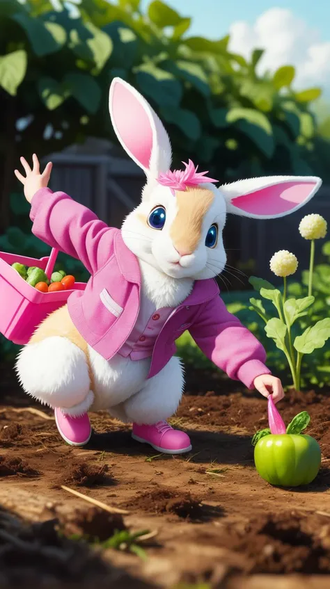 Pink colored <lora:BarbieCore:0.8> BarbieCore peter rabbit stealing vegetables from Mr McGregor's garden, (shiny plastic:0.8), (pink plastic:0.9), anime style