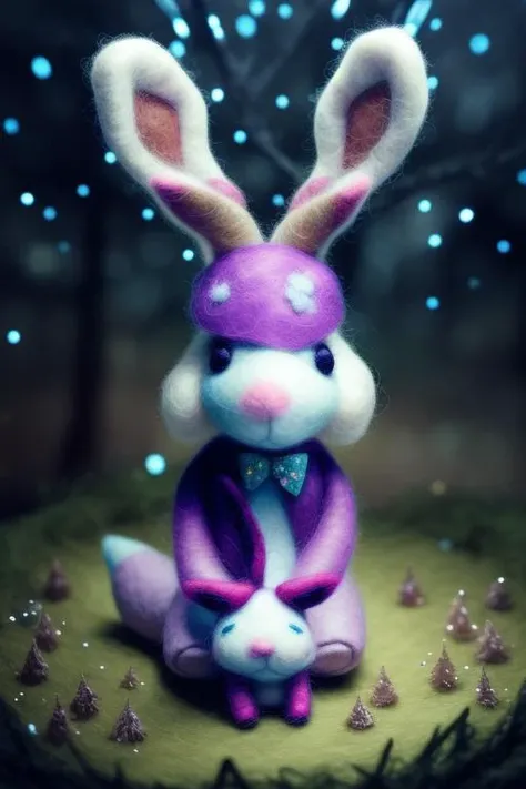beautiful portrait of cute jackalope in the middle of magical forrest at night, magic lights, sparkles, felt, felted, fuzzy, handmade, handcrafted, plushie, doll, diorama, scene, close up, tilt shift, award winning photography, intricate details, insanely detailed, cinematic lighting, sharp focus, 85mm lens, unreal engine, octane render