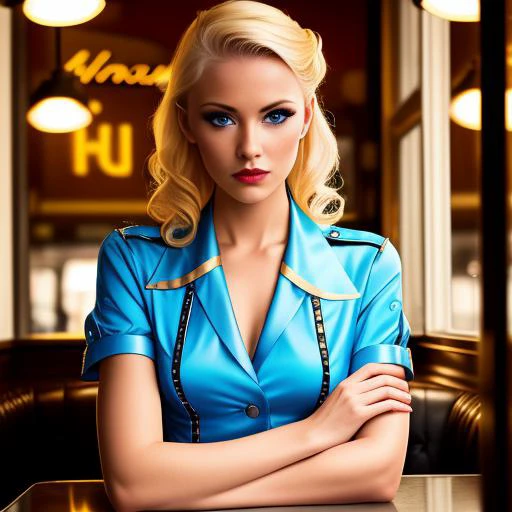 RAW, Nikon z 85mm,Award Winning Glamour Photograph extremely detailed award winning glamour photograph, front lit, HDR. Beautiful Ukrainian woman working in diner, pin up style uniform, translucent top, blond hair, blue eyes, ((high detailed skin, skin details)), sharp focus, 8k uhd, dslr, high quality, film grain, rim light, koda chrome