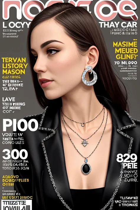 magazine scan,(magazine cover:1.2), cover text, text,( magatama necklace:1.1), wlop, 1girl, black gloves, black open jacket, character request, commentary, earrings, double v, jewelry, long hair, looking down, perfect flowing hair, solo, <hypernet:randy:1>
