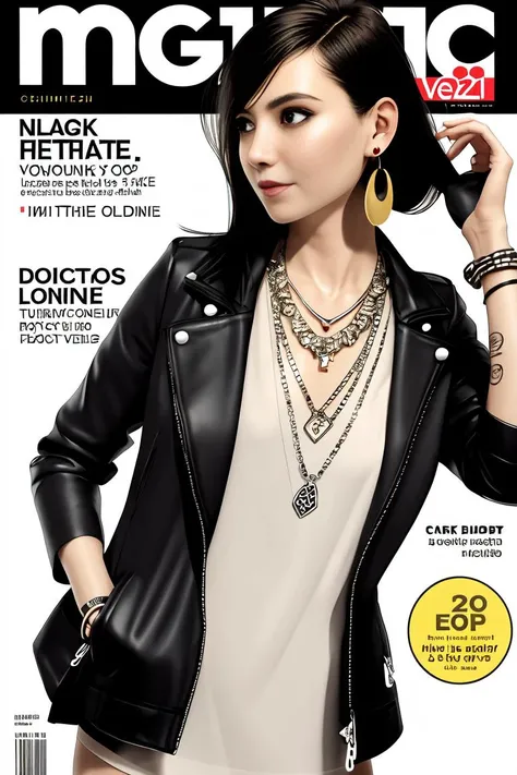 magazine scan,(magazine cover:1.2), cover text, text,( magatama necklace:1.1), wlop, 1girl, black gloves, black open jacket, character request, commentary, earrings, double v, jewelry, long hair, looking down, perfect flowing hair, solo, <hypernet:randy:1>