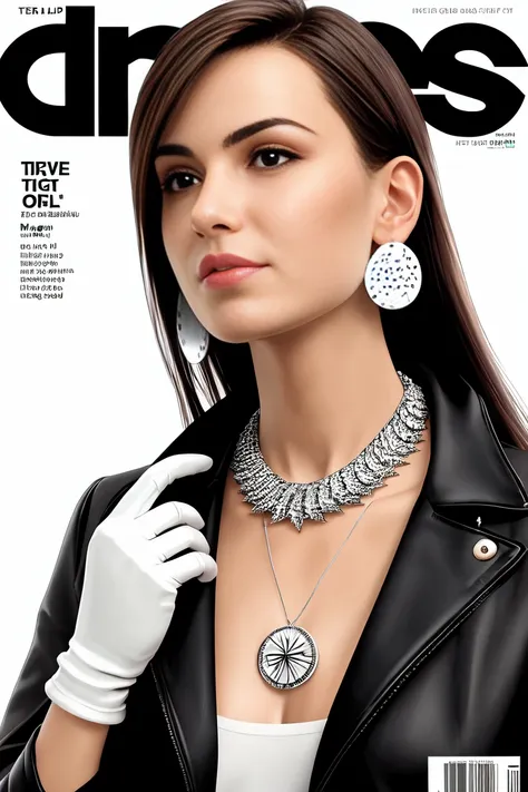 magazine scan,(magazine cover:1.2), cover text, text,( magatama necklace:1.1), wlop, 1girl, black gloves, black open jacket, character request, commentary, earrings, double v, jewelry, long hair, looking down, perfect flowing hair, solo, <hypernet:randy:1>