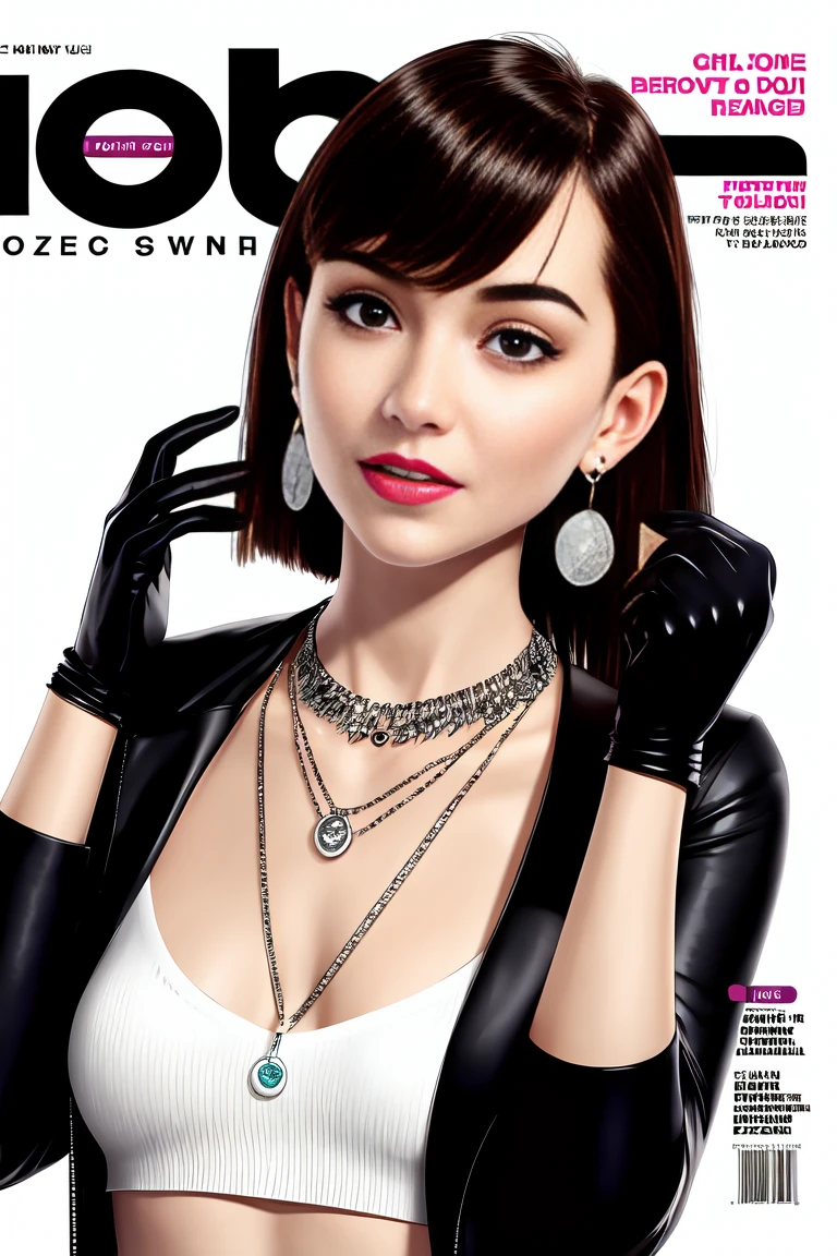 magazine scan,(magazine cover:1.2), cover text, text,( magatama necklace:1.1), wlop, 1girl, black gloves, black open jacket, character request, commentary, earrings, double v, jewelry, long hair, looking down, perfect flowing hair, solo, <hypernet:randy:1>